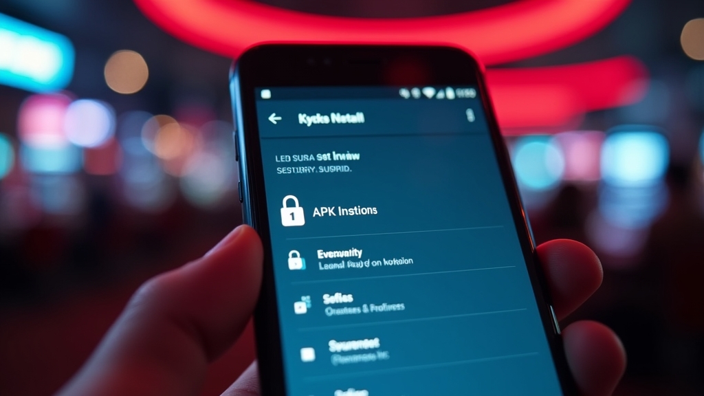 Smartfon z plikiem APK i ustawieniami Androida na tle kasynowych świateł